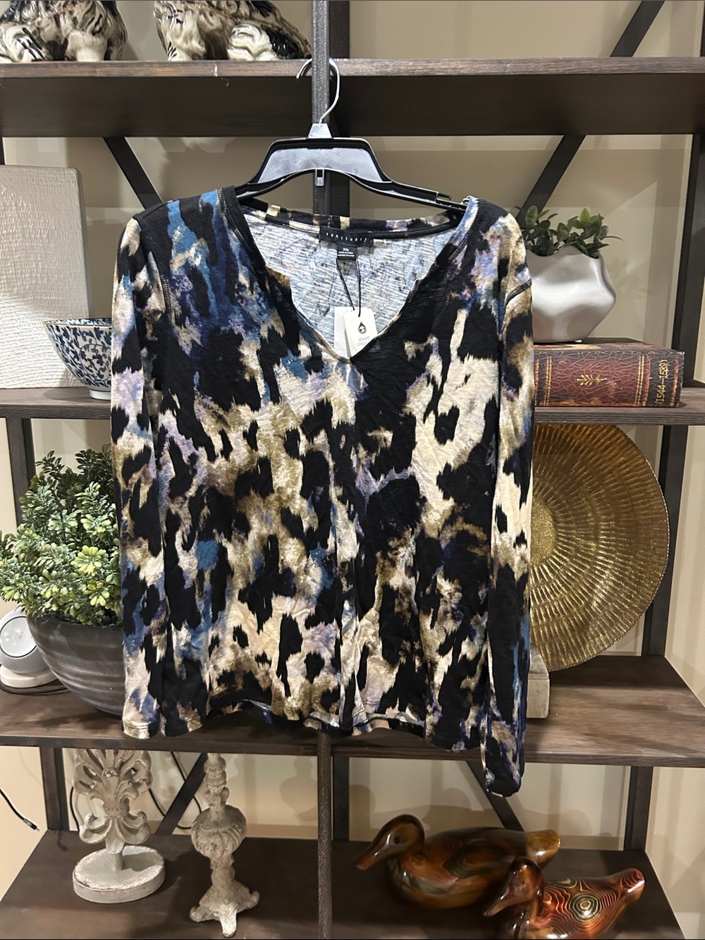 Sanctuary V-Neck Abstract Animal Print Long Sleeve Top - Black/Blue/Cream